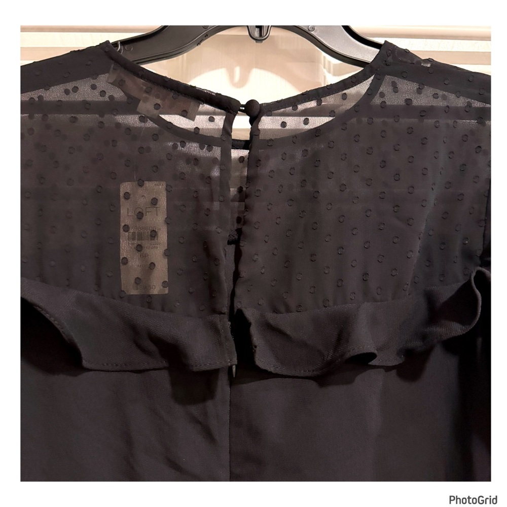 NWT Loft Black Sheer Dot Ruffle Yoke Dress Size 6P Petite Mini - Picture 5 of 9
